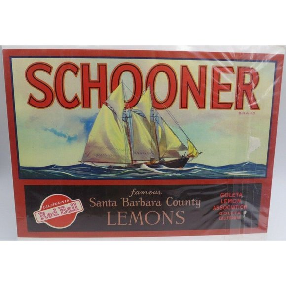 Vintage SCHOONER LEMONS Goleta Santa Barb Packing Crate Label Ad Sticker JHE 309 - Picture 1 of 1